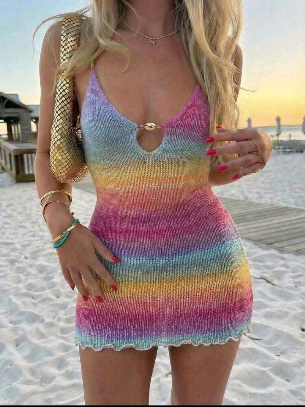 Rainbow Striped Knit Mini Dress - Sleeveless V-Neck